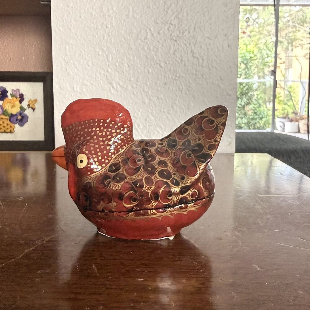 Vintage Lacquered Paper Mache Red & Black Floral Chicken Lidded Trinket Box